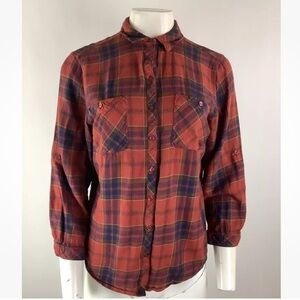 Anthropologie Sz M Red Plaid Button Top 3/4 Sleeve Casual Holiday Look